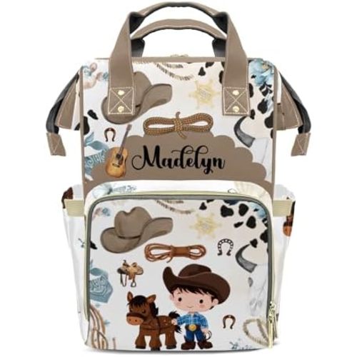 Cow Horse Boy Wild Western Customizable Large Capacity Diaper Bag Personalized Name,Waterproof Multi-Function Mommy Bag with Thermal Pockets for Girls Boys