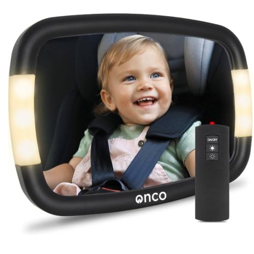 Onco LED Baby Car Mirror with Light - 2 Modes for Day & Night Driving, 100% Shatterproof & Shakeproof Car Mirror for Baby with 360° Rotation
