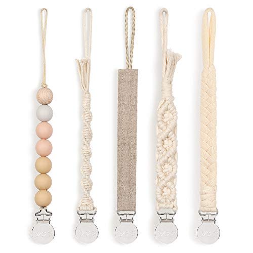 Modern Pacifier Clip for Boy and Girl 5 Pack Metal Teething Clips Braided Cotton Rope Common for Pacifier Teether Toys Baby Shower Gift Set