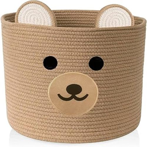 Baby laundry basket - Toy storage bear basket for kids - Nursery baby hamper with handles 15''(W) X 13''(H) (Light Brown)