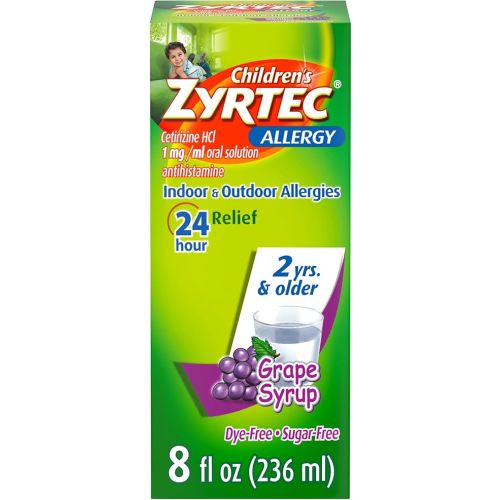 Zyrtec Children's 24 Hour Allergy Relief Syrup, 5 mg Cetirizine HCl Antihistamine, Kids Allergy Medicine for Indoor & Outdoor Allergy Relief, Dye-Free & Sugar-Free, Grape, 8 fl. oz
