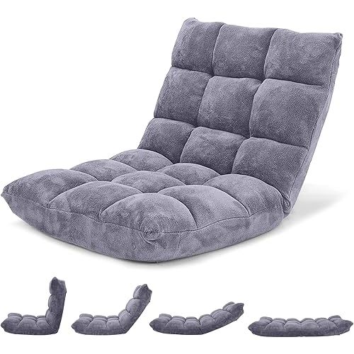 Giantex Folding Floor Chair with Back Support, 14 Adjustable Position, Padded Sleeper Bed, Couch Recliner, Gaming Floor Chairs for Adults, Meditation, Living Room (Grey)
