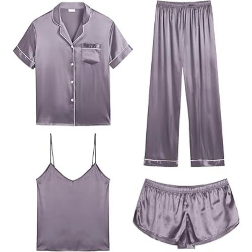 SWOMOG Womens Silk Satin Pajamas Sets 4pcs Sleepwear Sexy Cami Shorts Set and Button Down Short Sleeve Pjs Loungewear