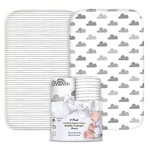 100% Organic Cotton 2 Pk of Bedside Sleeper Bassinet Fitted Mattress Sheets for Mika Micky, Baby Delight, Ronbei, Chicco, KoolerThings, Cloud Baby, AMKE, Angelbliss, Maxi-COSI, Arm's Reach, and More.