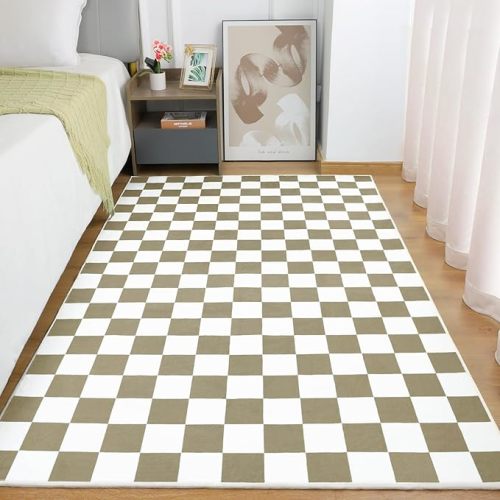 Terrug Beige and White Checkered Rug for Living Room Bedroom, 4x6 Soft Washable Area Rug with Non Slip, Low Pile Stain Resistance Carpet for Kids Room Entryway Kitchen Dorm
