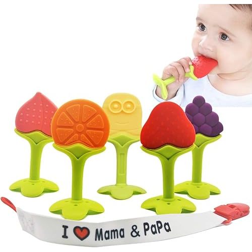 Baby Teething Toys - Natural Organic Freezer Safe Teether Set with Pacifier Clip for 3 to 12 Months Babies, Soft Silicone Fruit Teethers Toys, Infant and Toddler(5 Pack)