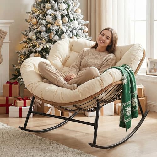 NICESOUL Papasan Rocking Chair with Cushion Indoor Outdoor, Oversized Padded Lounge Rockers, All Weather Deep Wide Egg Rocking Chairs, 450Lbs Large Glider for Living Room, Balcony Xmas Gift, Beige