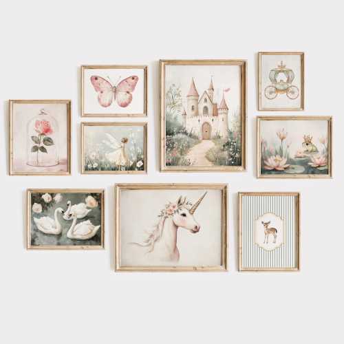 Fairytale Set of Nine Prints | Vintage Style Girls Nursery | Pastel Pink Butterfly | Sage Green Swan | Unicorn Princess Castle Decor | PS156