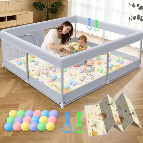 XVISHX Baby Playpen with Mat, 50x50 Inch Play Pen, Playpen for Babies and Toddlers, Baby Playard for Indoor & Outdoor Active Center Game Fence, with Skin-Friendly Fabric and Soft Breathable Mesh