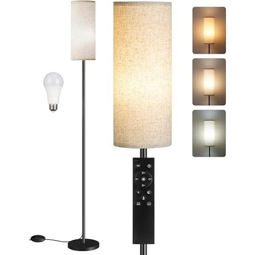 Dimmable Floor Lamp for Living Room with Remote and Foot Switch, Corner Floor Lamp for Bedroom, 66'' Standing Tall Lamp, 10W 900LM LED Bulb Included, 3000K-6500K, Linen Shade, FCC Listed E06LD05W1
