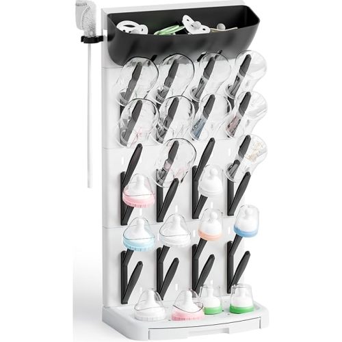 Vertical Baby Bottle Drying Rack with Brush- Hold 24 Bottles - Large Breast Pump,Bottle Dryer Rack for Kitchen Countertop,Space Saving Bottle Stand Holder for Pacifiers,Pump Accessories,Black