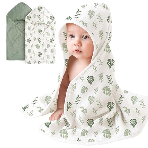 Coreeky Muslin Baby Hooded Towels 2 Pack – 32x32 Inch Soft Absorbent Cotton Bath Towels with Hanging Loop, for Newborns and Toddlers