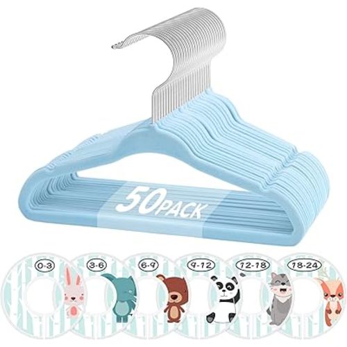 Baby Hangers, VIS'V 11 Inch Blue Velvet Kids Hangers with 6 Pcs Size Dividers Non Slip Nursery Children Closet Clothes Hangers for Infant Toddler Girls and Boys 50 Pcs