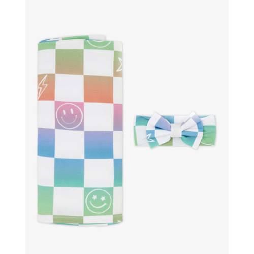 Ombre Cheery Checks Swaddle & Luxe Bow Headband Set | Little Sleepies