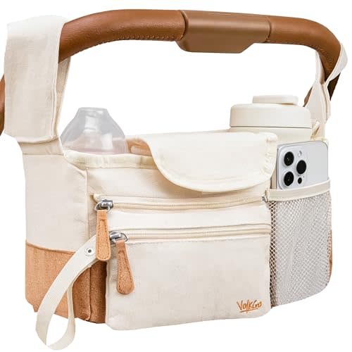V VOLKGO Stroller Caddy with Cup Holder - Stroller Organizer Bag for Baby Travel Gear, Baby Bottle Organizer & Baby Diaper Caddy | Insulated XL 40oz, Detachable Wristlet, Premium Canvas & Natural Cork