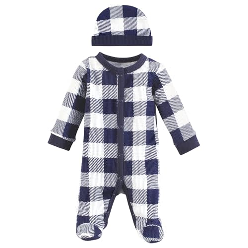 Hudson Baby Unisex Baby Thermal Preemie Sleep and Play and Cap, Navy Plaid, Preemie