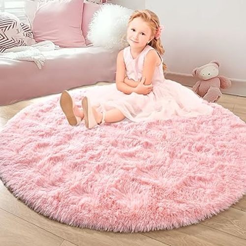 junovo Pink Round Rug Fluffy Soft Area Rugs for Kids Girls Room Princess Castle Plush Shaggy Carpet Cute Circle Nursery Rug for Kids Girls Bedroom Baby Room Home Decor Circular Carpet, 3x3 Feet