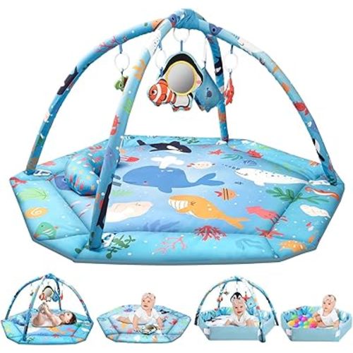 Baby Play Mat,Tummy Time Mat with 6 Detachable Toys-Activity Gym for Visual, Auditory & Motor Development-Washable Baby Activity Mat for 0-12 Month Infants(Ocean)