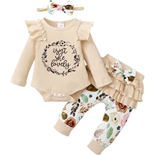 Saeaby Newborn Baby Girl Clothes Fall Winter Outfit Set Ruffle Infant Romper Bodysuit Long Pants Cute Baby Clothes for Girls