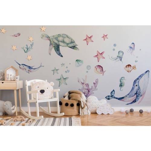 Ocean Wall Decal, Watercolor Decal Set, Peel and Stick Wall Stickers