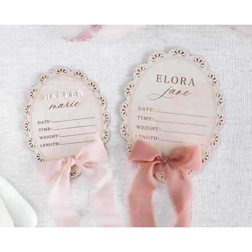 Wooden Lace Newborn Baby Birth Statistic, Hospital Name Sign, Nursery Decor, Baby Shower Gift, Girl Milestone Marker, Coquette Bow Ribbon