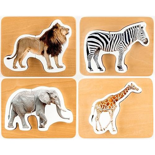 Wooden Montessori Animal Puzzles for Toddlers 2+ Years | Realistic Chunky Safari Animal Shape Puzzle | Educational Learning Toy
