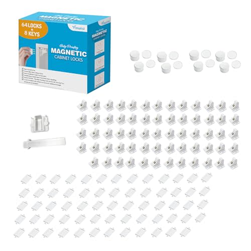 Vmaisi Adhesive Magnetic Locks for Cabinets & Drawers (64 Locks and 8 Keys)