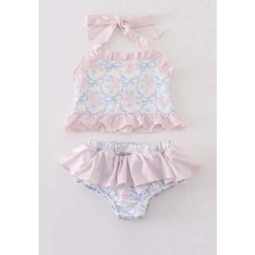 Custom Moq 3 Pink Flowers Blue Bows Straps Girls 2PC Swimsuits