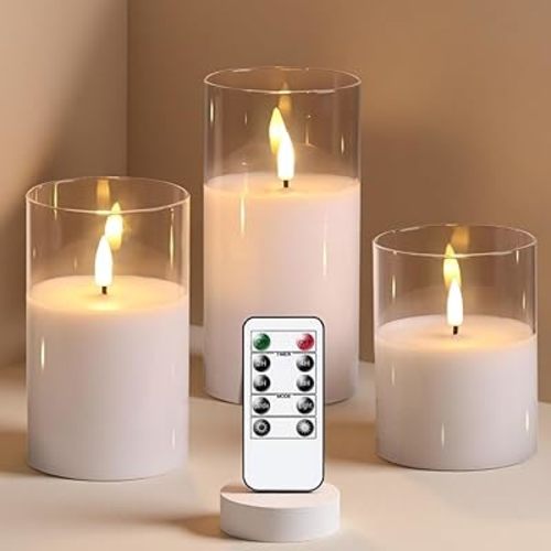 Clear Glass Flameless Candles Battery Operated with Timer, Remote Control, LED Pillar Candles Battery Powered, D3 H4 5" 6", Set of 3 (White)