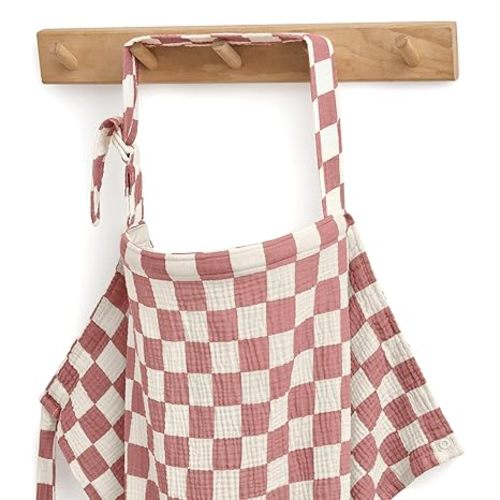 Blissful Diary Muslin Nursing Cover for Breastfeeding, Breathable Breastfeeding Cover up with Arch Neckline for Women, Nursing Apron (Dusty Pink Checkboard)