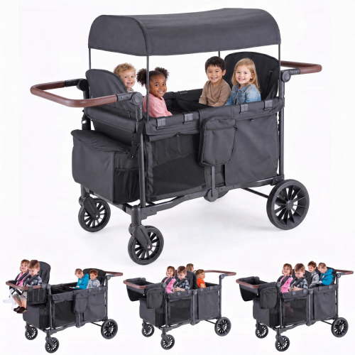 SACVON Toddler Stroller Wagon for 4 Kids with Cooler Bag,Parent Organizer,5-Point Harnesses,Black