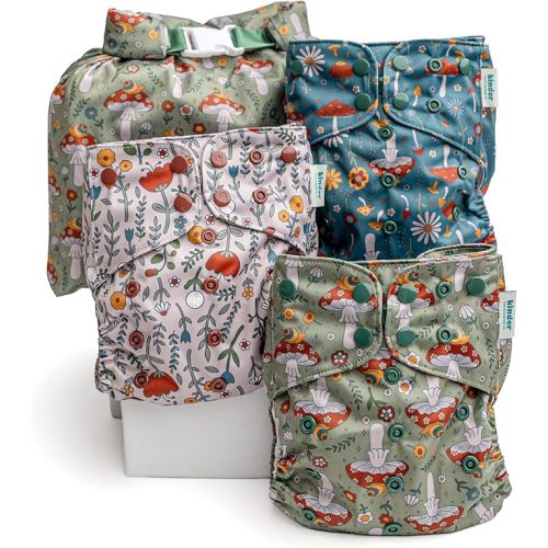 Kinder Cloth Diapers Reusable Baby Diapers Pocket Style Athletic Wicking Jersey, Wet Bag, Newborn to Potty Training 7-60lbs, One Size, Inserts NOT Included (Boho Mushrooms, 3 Pack, Without Inserts)