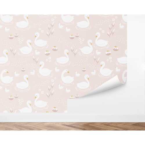 Custom Kids Peel and Stick Wallpaper, Removable Wallpaper - Swans on the Lake Wallpaper by Love vs. Design