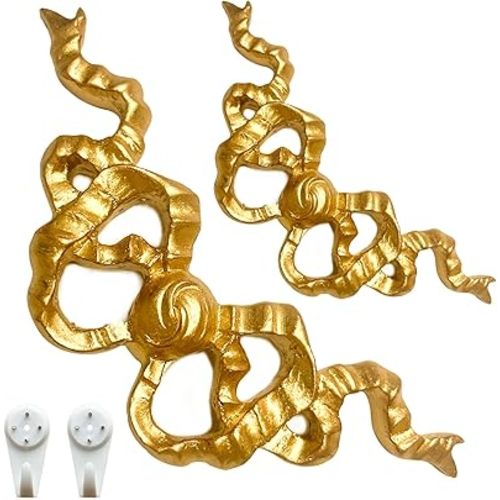 MEAKEO 2PCS Golden Bow Decoration Carved Bowknot Wall Applique with Metal Hook for Hanging Elegant Wall Decor for Bedroom, Living Room, or Photo Frames