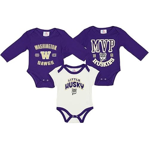 NCAA Washington Huskies Newborn and Infant Boys 0-24 Months 3-Pack Creeper Bodysuit Set