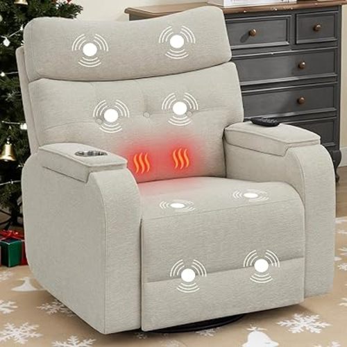 Power Swivel Rocker Recliner with Massage & Heat, Power Glider Recliners with Type-C Port & Timing, Oversized Swivel Glider Recliner with Dual Storage Arms & Cup Holder, Chenille Camel