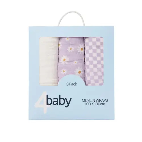 4Baby Muslin Wrap Daisy 3Pk Lilac | Baby Bunting AU
