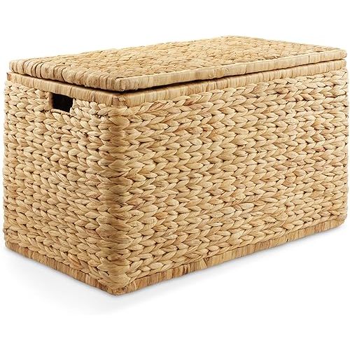 Casafield 30" Storage Chest with Lid, Handles, and Safety Hinge - Natural, Water Hyacinth Wicker Storage Trunk for Entry Way, Living Room, Bedroom
