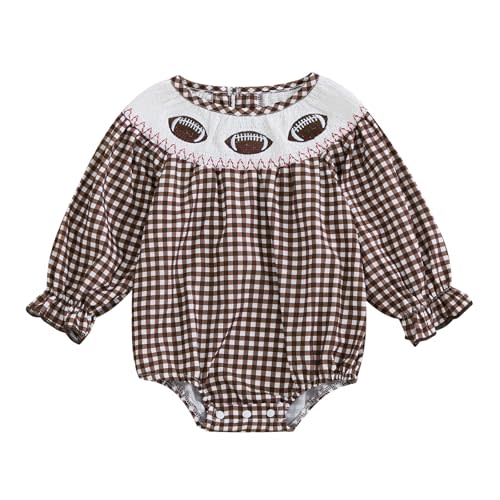Karuedoo Infant Toddler Baby Girl Football Outfit Plaid Football Embroidery Long Puff Sleeve Smocked Bubble Romper Bodysuit