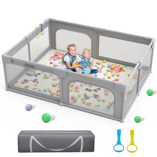 Palopalo 71"x59" Extra Large Baby Playpen, Sturdy Safety Playard for Babies and Toddlers, Baby Activity Center with 8 Suction Cup Bases and Soft Breathable Mesh, Infants Play Pen with Gate, Gray