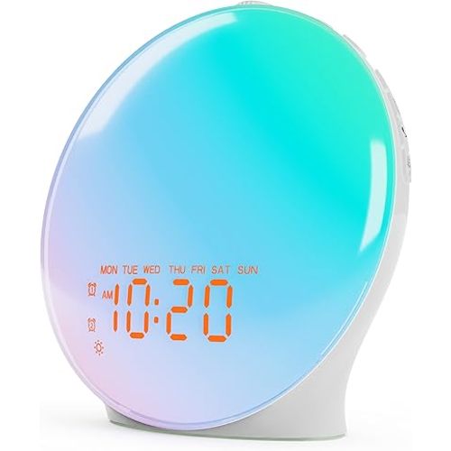Wake Up Light Sunrise Alarm Clock for Bedroom, 17 Nihgtlights, Sound Machine with 5W Bluetooth Speaker, 25 Soothing Sounds, SleepTimer, Dual Alarms, FM Radio, Ideal Gift for Baby, Kids, Adults, Senior