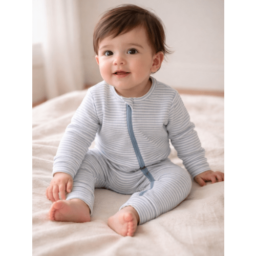 Dusty Blue Stripe / Ribbed 2-Way Zip Romper