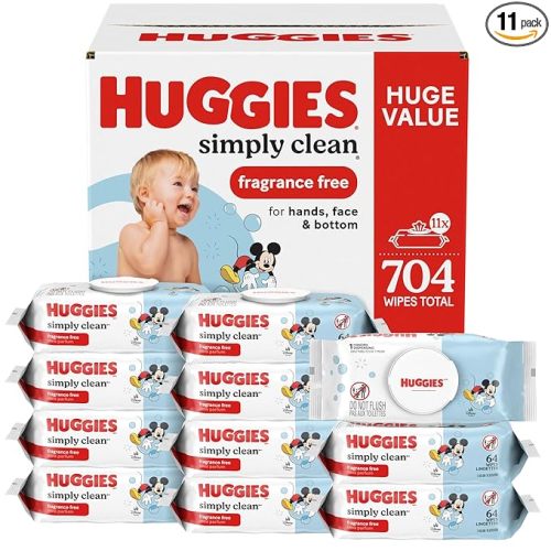 Huggies Simply Clean Unscented Baby Diaper Wipes, 11 Flip-Top Packs (704 Wipes Total), Packaging May Vary
