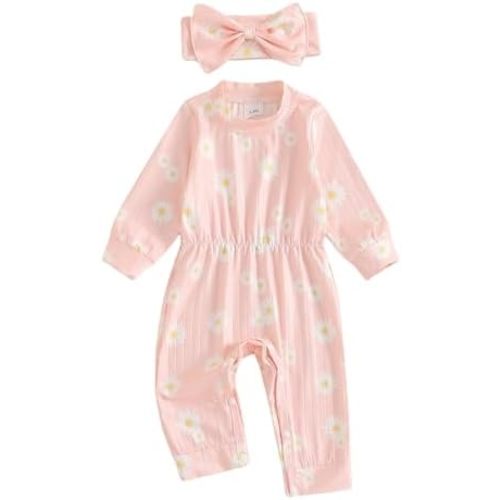 Winioder Newborn Baby Girl Fall Clothes Ribbed Long Sleeve Romper Jumpsuit with Headband Infant 2Pcs Coming Home Outfit