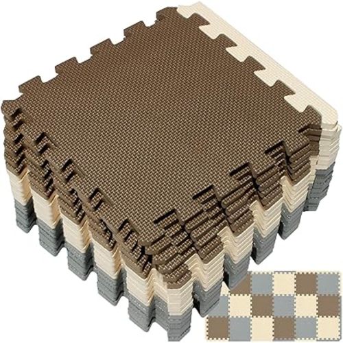 Yostrong® 18 Tiles Interlocking Puzzle Foam Baby Play Mat with Straight Edges for Playing - EVA Babies Crawling Mat | Rubber Floor Work Out Mats for Home Gym. Brown, Beige, Gray. YOC-FJLb18S18