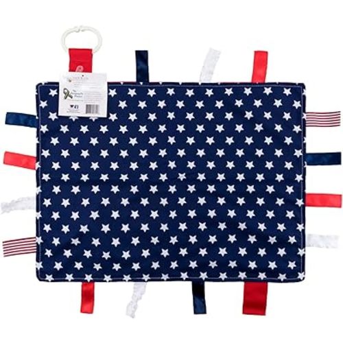 Baby Sensory, Security & Teething Closed Ribbon Tag Lovey Blanket with Minky Dot Fabric: 14”X18” (American Flag)