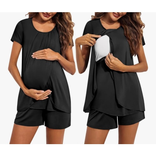 Ekouaer Women's Maternity Nursing Pajamas Set Breastfeeding Sleepwear Double Layer Short Sleeve Top & Shorts Nursing Pjs