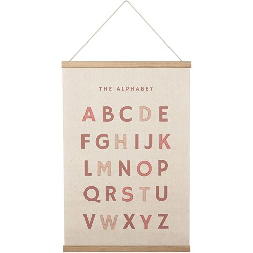 Bon et Beau 16×24 Inch Embroidered Alphabet Poster Framed with Wood Hanger - Dusty Pink Wall Decor for Girls Nursery, Bedroom, Playroom, Toddler and Kids Room