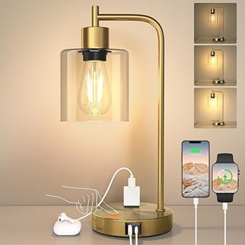 QiMH Industrial Touch Control Table Lampwith USB A+C Ports and AC Outlet, 3-Way Dimmable Bedside Nightstand Reading Lamps with Light Bulb, Glass Desk Lamp for Bedroom, Office