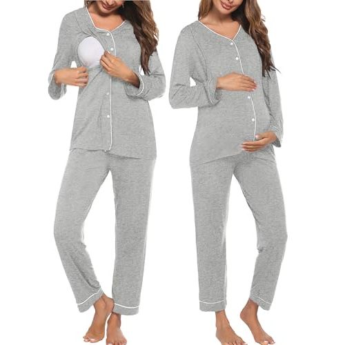 Ekouaer Maternity Pajama Set Button Down Nursing Pajamas Long Sleeve Breastfeeding Loungewear with Adjustable Pants